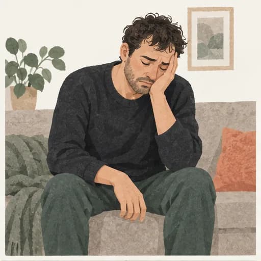 Tired person leaning forward on a sofa