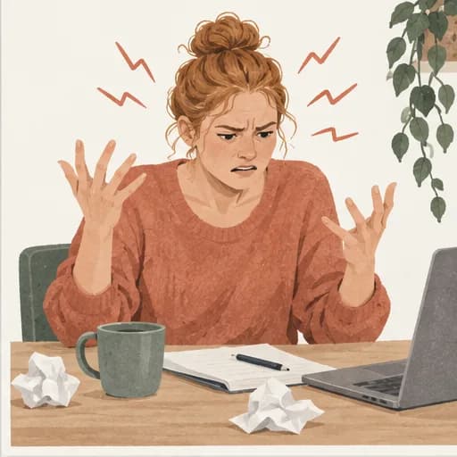Irritable person gesturing at a desk