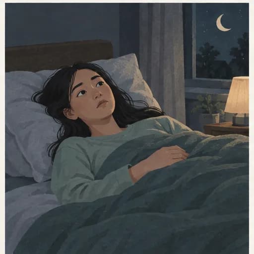 Person lying awake in bed at night