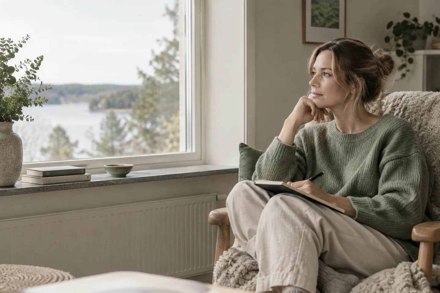 Person with a notebook sitting in an armchair by a window